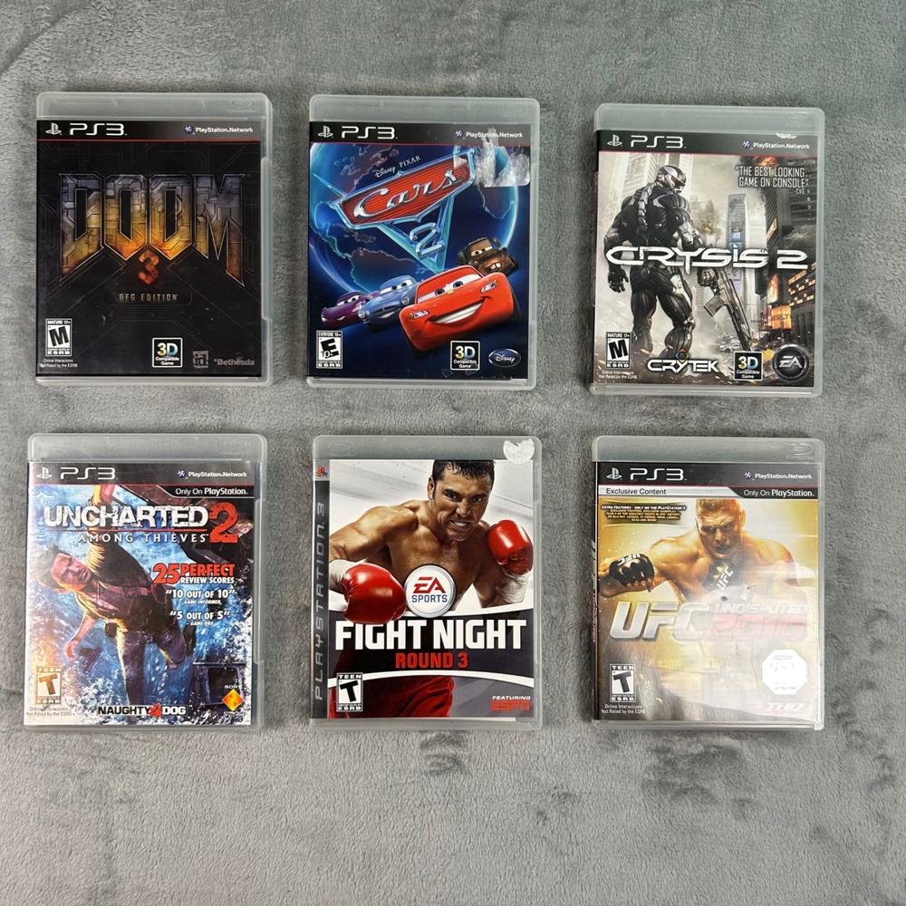 Lot of 6 PS3 Games Doom 3 Cars 2 Crysis 2 Uncharted 2 Fight Night UFC 2010